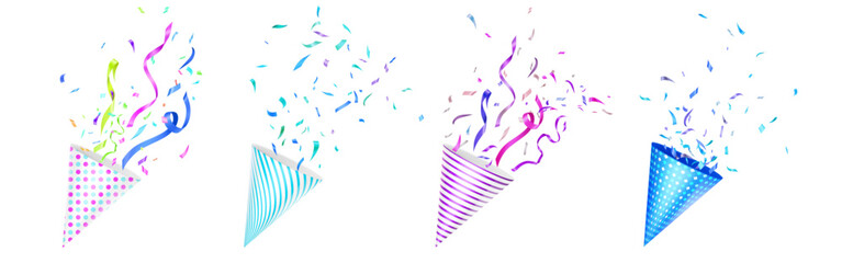 Party confetti poppers set - paper cone containers with bursting ribbons, streamers and dots. Celebration devices releasing colorful decoration elements for birthdays and festivals greeting design.