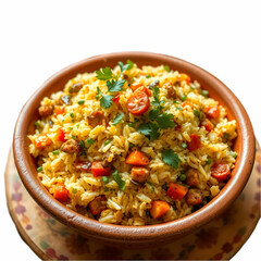 Tasty vegetable pulav or veg biryani made using basmati rice and served in a terracotta or ceramic bowl