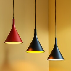 Fototapeta premium Three decorative lamps hanging from a wall in a modern interior setting