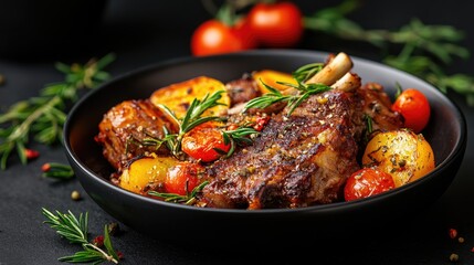 Fototapeta premium Roasted lamb chops, potatoes, tomatoes, rosemary. Delicious dinner, food photography