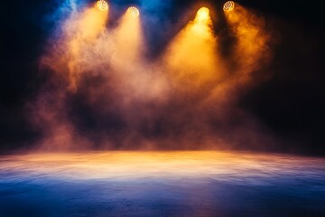 Fototapeta premium Empty stage illuminated by dramatic blue and yellow spotlights with fog effects, theatrical atmosphere