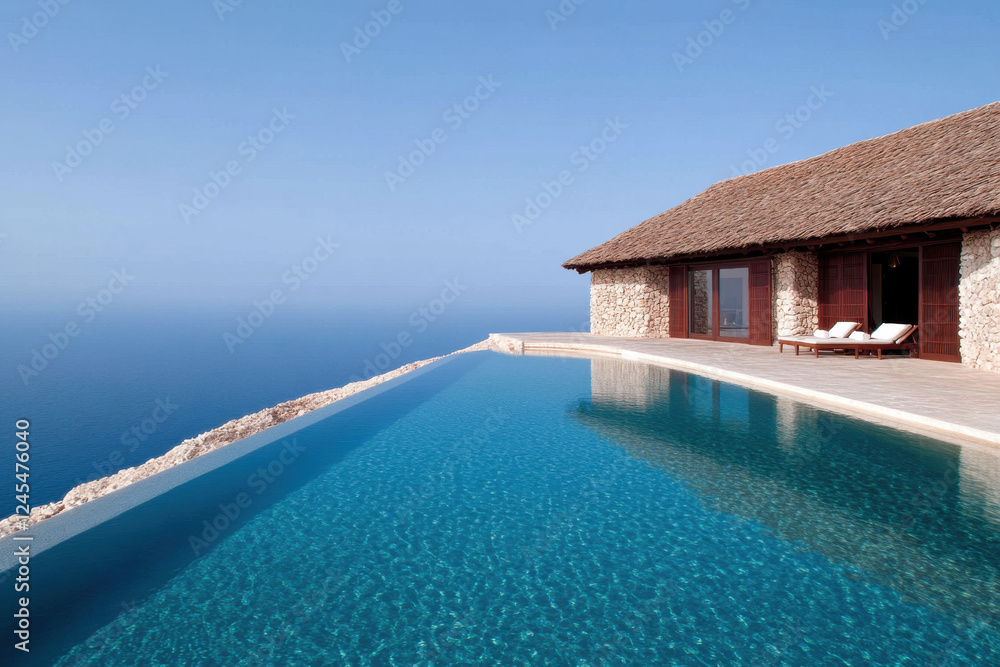 Poster a large pool with a house in the background