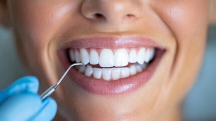 Fototapeta premium Modern Dental Care Scene Smiling Patient with Dentist Using Precision Tools in Bright, Clean Dental Office - Healthcare Branding and Professional Digital Content