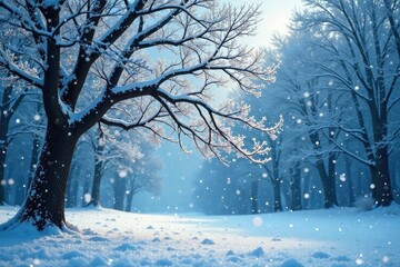 Mosaic tree branches with snowflakes and bare trees, icy landscape, winter wonderland