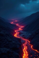 Fototapeta premium Molten lava flows beneath a deep blue sky on a dark background, fiery depths, volcanic landscape