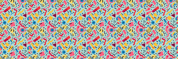 Seamless pattern with geometric shapes in the style. Multicolored vintage background with triangles, circles and squares for textile, fabric and Sudanese fabric art.