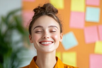 Vibrant Office Humor Mockup Colorful Sticky Notes on Wall with Cheerful Coworker - Creative Workplace Inspiration and Employee Engagement for Modern Business Spaces