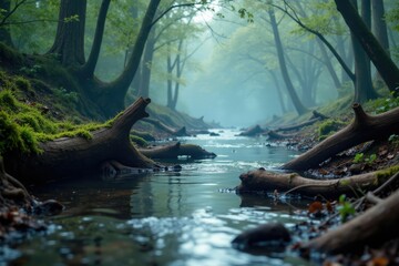 mist swirling around decaying logs and branches, branches, damp, logs