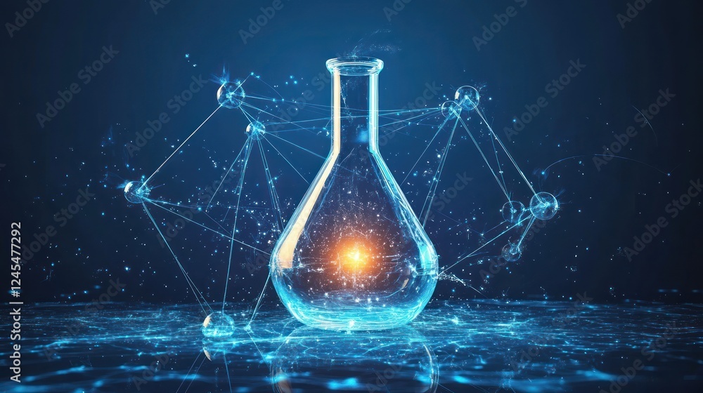 Poster glowing flask with abstract digital connections.