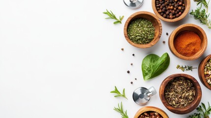 Organic healthy food in wooden bowls,medical stethoscope and green heart shape on white background for the health concept.Top view
