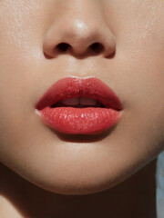 Obraz premium Close-up of lips with cherry red brown lipstick or lip gloss 