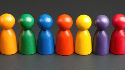 Naklejka premium Colorful wooden figures in a row on a dark background; diversity concept; stock photo for equality, inclusion, team