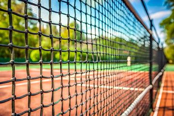 Tennis Court Net. A Close Up View of a Clay Court Tennis Net on a Sunny Day