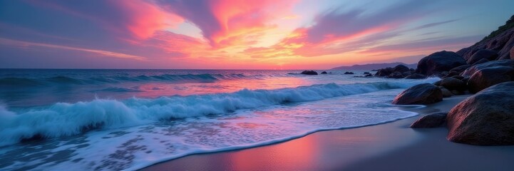 Fototapeta premium Gentle lapping of waves on a rocky shore with colorful sky, water scenes, colorful sky, serene scene