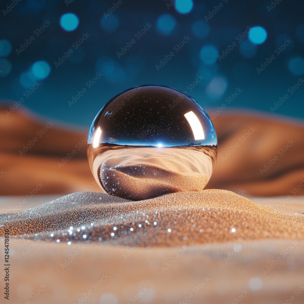Aufkleber Sci-Fi Aesthetics in Product Design Metallic Orb on Sparkling Sand for Futuristic Marketing and Space-Inspired Visual Branding - Ideal for Tech and Digital Industries