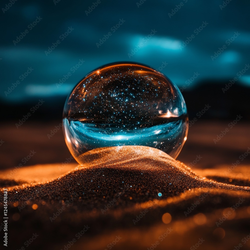 Aufkleber Futuristic Sci-Fi Aesthetic Metallic Orb in Sparkling Alien Sand - Tech Marketing and Digital Art for Innovative Sci-Fi Branding and Engaging Visual Storytelling