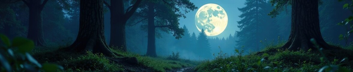 Fototapeta premium Full moon casting silver glow on forest floor, mystical, forest floor