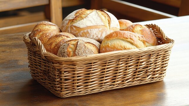 Wicker basket with different types of fresh bread on wooden table