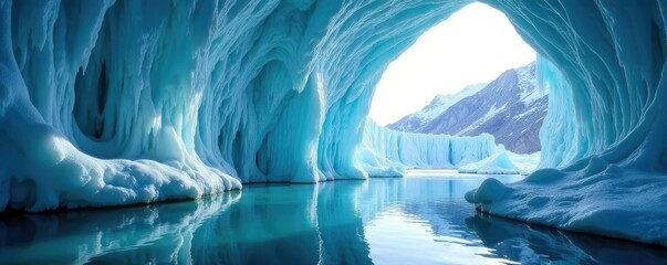 Frozen stalactites hanging from glacier walls, frozen lakes, frozen wall