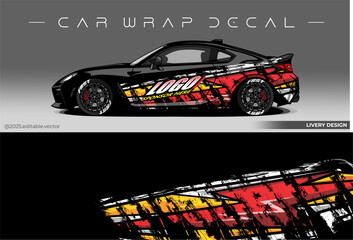 Car wrap abstract design. Black red yellow colour. Vector graphic livery decal car. Sticker vinyl suitable for Racing car, Drift, Rally and Daily Use, Editable vector 
