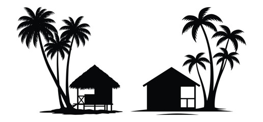  Summer Beach hut palm tree vector silhouette with white background 
 