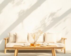 Scandinavian Minimalist Living Wooden Sofa and Table with Neutral Decor for Cozy Urban Gatherings - Lifestyle Content and Sustainable Home Design Inspiration