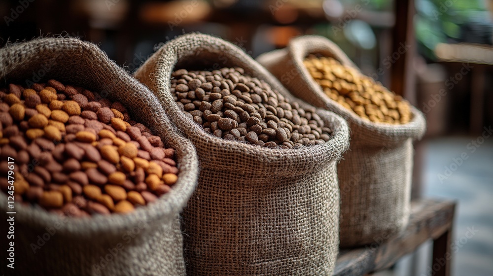 Poster three burlap sacks filled with assorted nuts in a rustic market setting with greenery