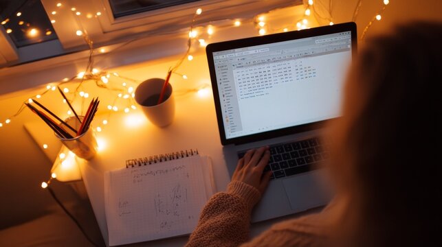 Cozy Nighttime Study Space Korean Teen Journaling with String Lights and Productivity App - Modern Educational Tools and Creative Mindfulness Content