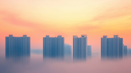 Fototapeta premium The Impact of PM 2.5 on Health and Environment Themed, Majestic city skyline at sunrise with buildings shrouded in fog