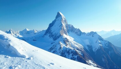 Frosty peak silhouetted against bright blue sky, snow-covered peaks, serene landscape
