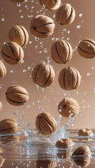 Fototapeta premium Fresh walnuts splashing into water, creating a vibrant, refreshing scene.
