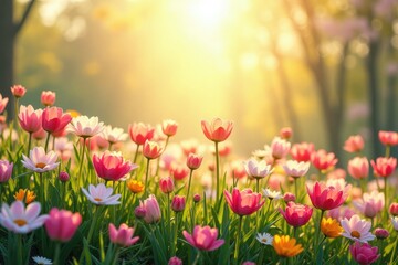 Fototapeta premium Colorful flowers including tulips and daisies bloom in a garden bathed in warm, golden morning light, creating a picturesque atmosphere
