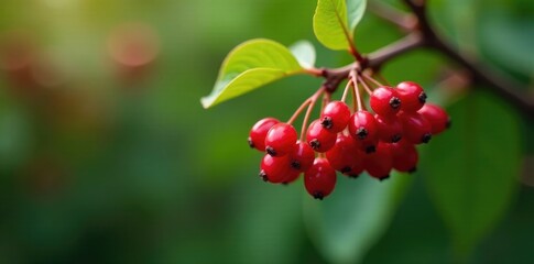 Deep red berry clusters on a Gaultheria branch, natural scenery, botanical