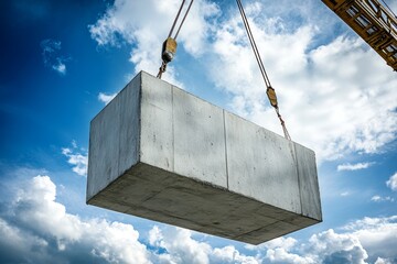 Crane lifts concrete block, construction site, sunny sky (1)