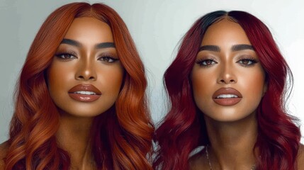 Obraz premium Two glamorous women flaunt their striking hairstyles, showcasing vibrant colors and styles, emphasizing individuality and modern beauty expressions in a sleek setting.