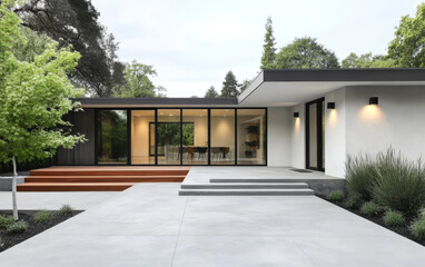 Modern architectural design of a tranquil home with inviting outdoor area and lush greenery