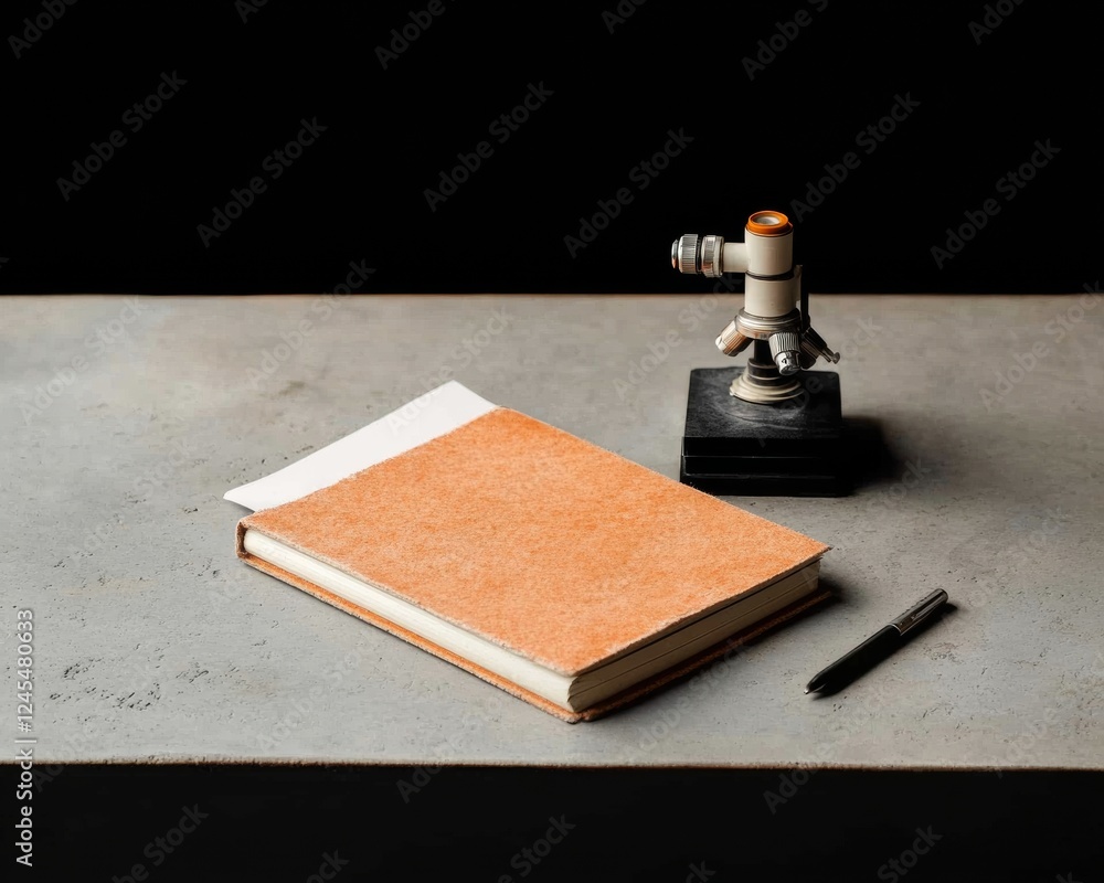 Fototapete minimalist scientific workspace high-end microscope on concrete surface with research notebook - ele