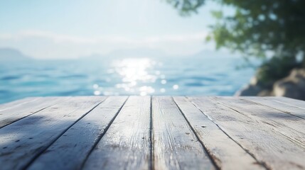 Perspective empty white pearl wooden table on top