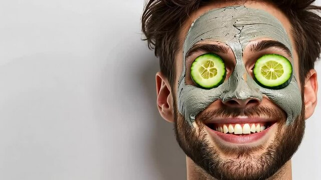 Joyful skincare routine: young man enjoys relaxing face mask and cucumber treatment with a smile