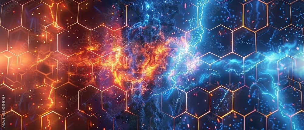 Poster cybersecurity concept: glowing digital firewall barrier protecting data and networks from cyber thre