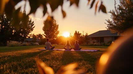 Sunlit Backyard Yoga Inclusive Family Session on Vibrant Mats Amidst Lush Greenery - Enhancing Wellness and Cultural Diversity for Mindful Living Promotions