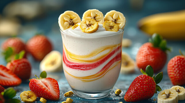 Luscious Swirling Milkshake Delight – A hyper-realistic scene of creamy yogurt swirling with liquid protein, adorned with vibrant sliced strawberries and golden banana pieces, creating a fresh and app