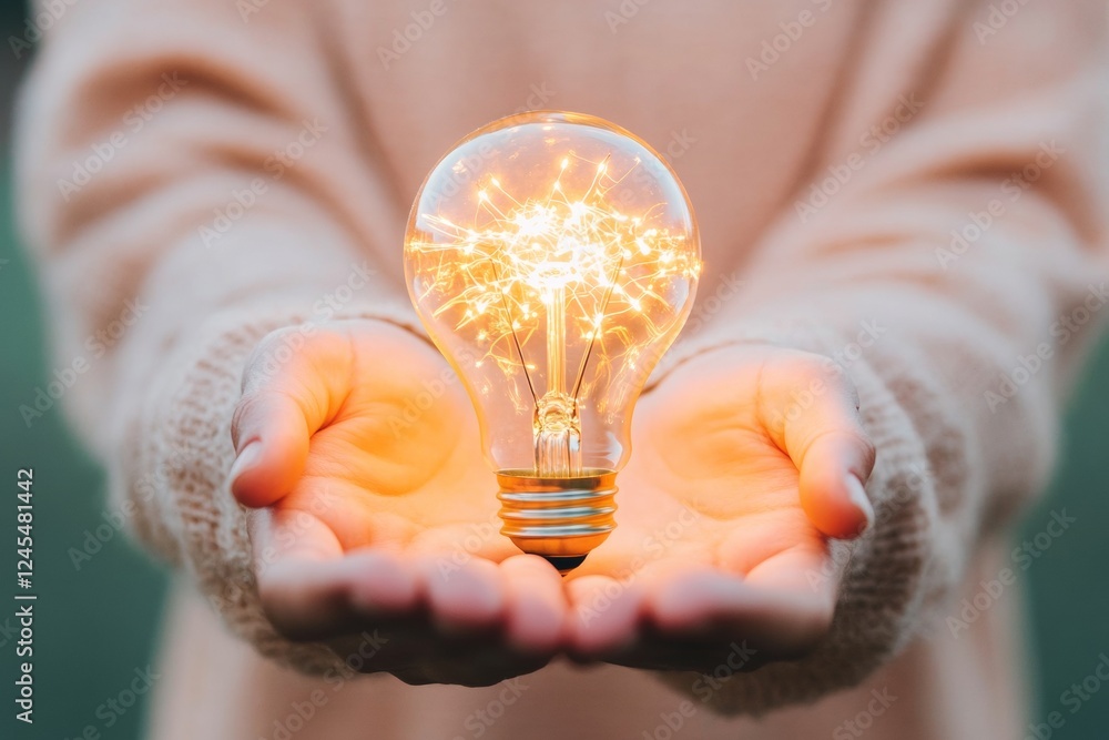 Aufkleber luminous innovation display glass lightbulb in hands on dark fabric - business innovation and energy