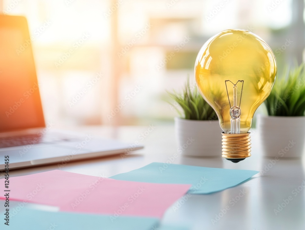 Leinwandbilder contemporary workspace planning vibrant sticky notes and lightbulb on desk for strategic business id
