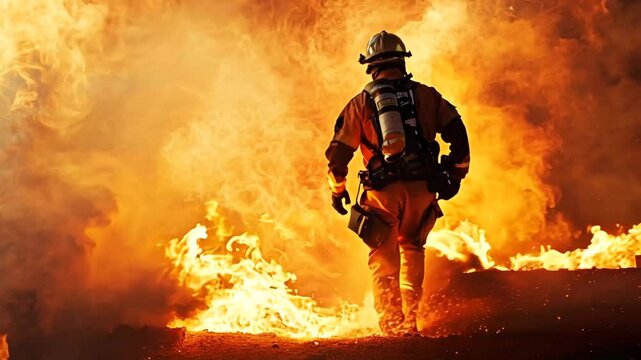 A heroic firefighter in full protective gear strides fearlessly into a raging fire, surrounded by thick smoke and blazing flames. The dramatic scene highlights courage, emergency response