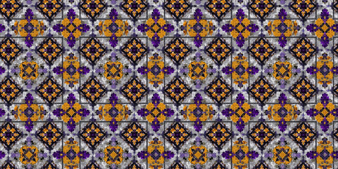 Intricate floral mosaic pattern with purple and gold symmetry