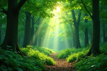 Obraz premium Dappled light filtering through a lush forest, green, forest, natural