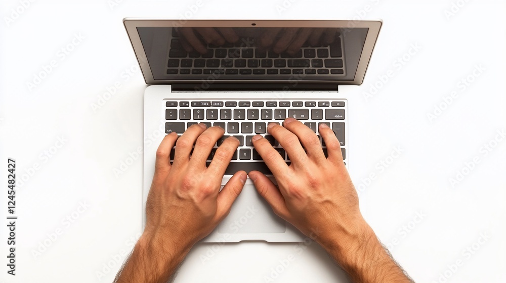 Poster hands typing on a silver laptop keyboard with reflection on the screen viewed from overhead