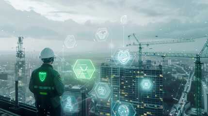 Construction Worker Overlooking Smart City Infrastructure with Digital Security Interface Overlay