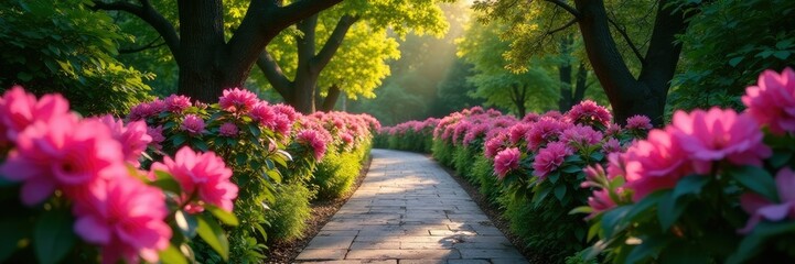 Obraz premium A winding path leads to a hidden garden with blooming azaleas, azalea, tranquility, serene